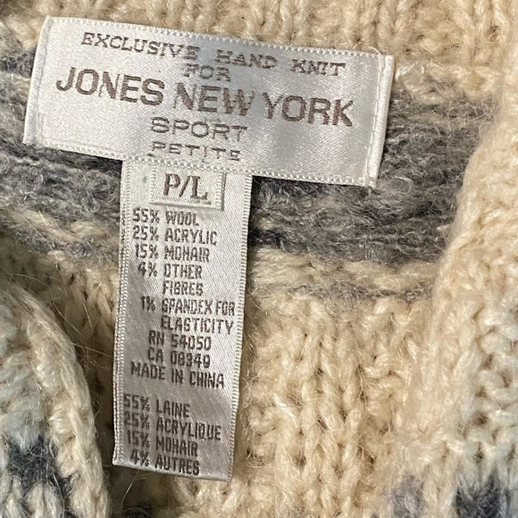 Vintage Hand Knit Jones NY Wool Cardigan Sweater PL Cream Blue  Zip Pockets - Picture 9 of 9